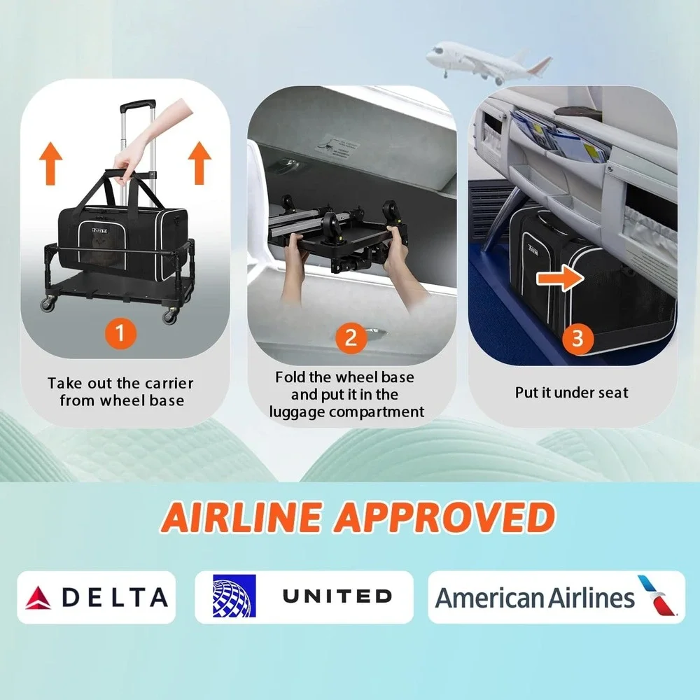 Petskd Rolling Pet Carrier 18x11x11 Airline Approved Small Dog Cat Travel Black